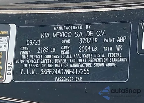 2022 Kia Forte Lxs from USA, damaged, VIN 3KPF24AD7NE417255